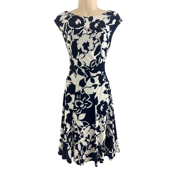 Ralph Lauren Navy Blue White Floral Ruched Sleeveless Jersey Dress Size 12 - Picture 1 of 6
